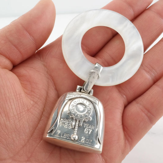 Sterling Silver Mother of Pearl, Engraved Web Mop 1960's Baby Rattle MISC0112