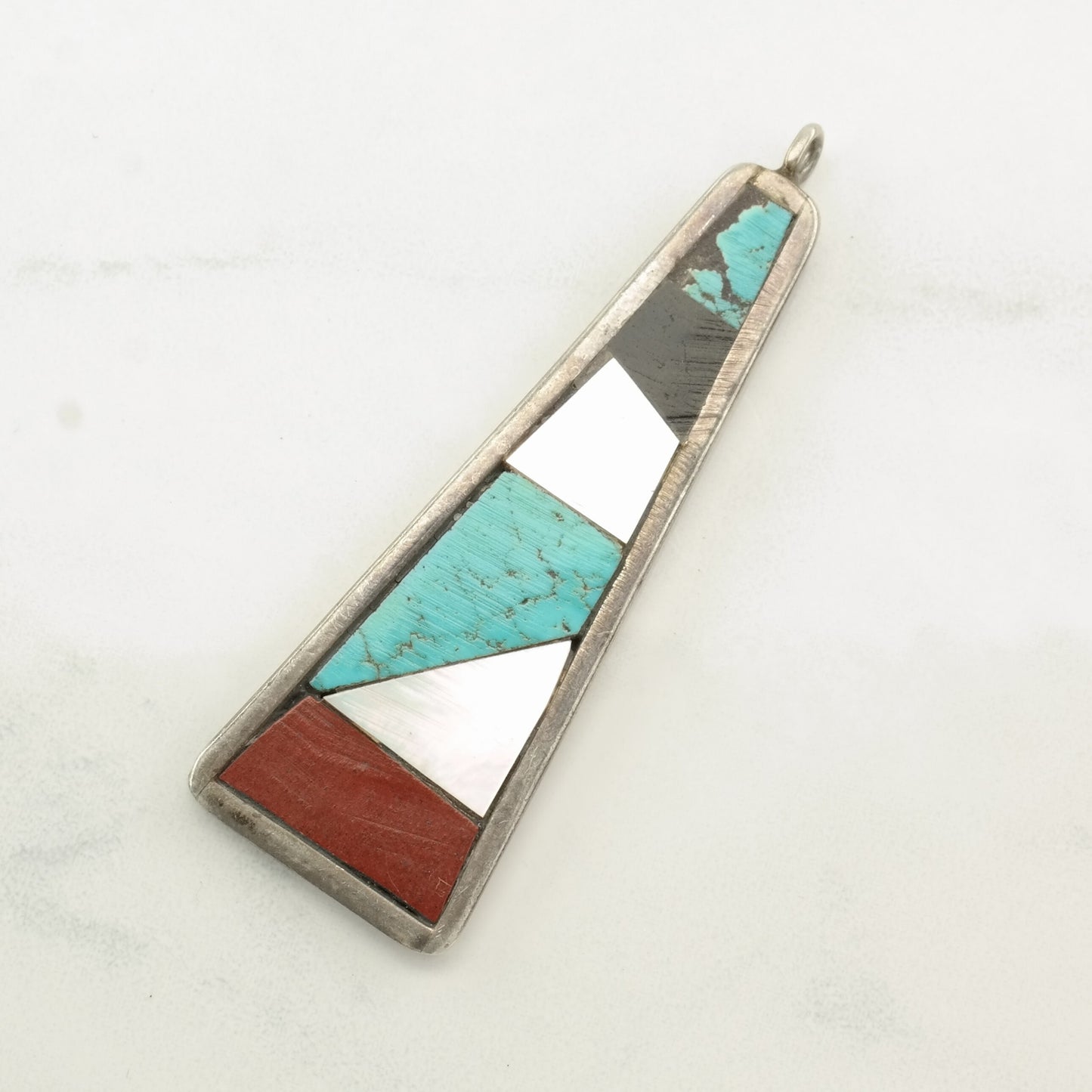 Native American MOP, Jet, Turquoise, Coral Inlay Sterling Silver Pendant