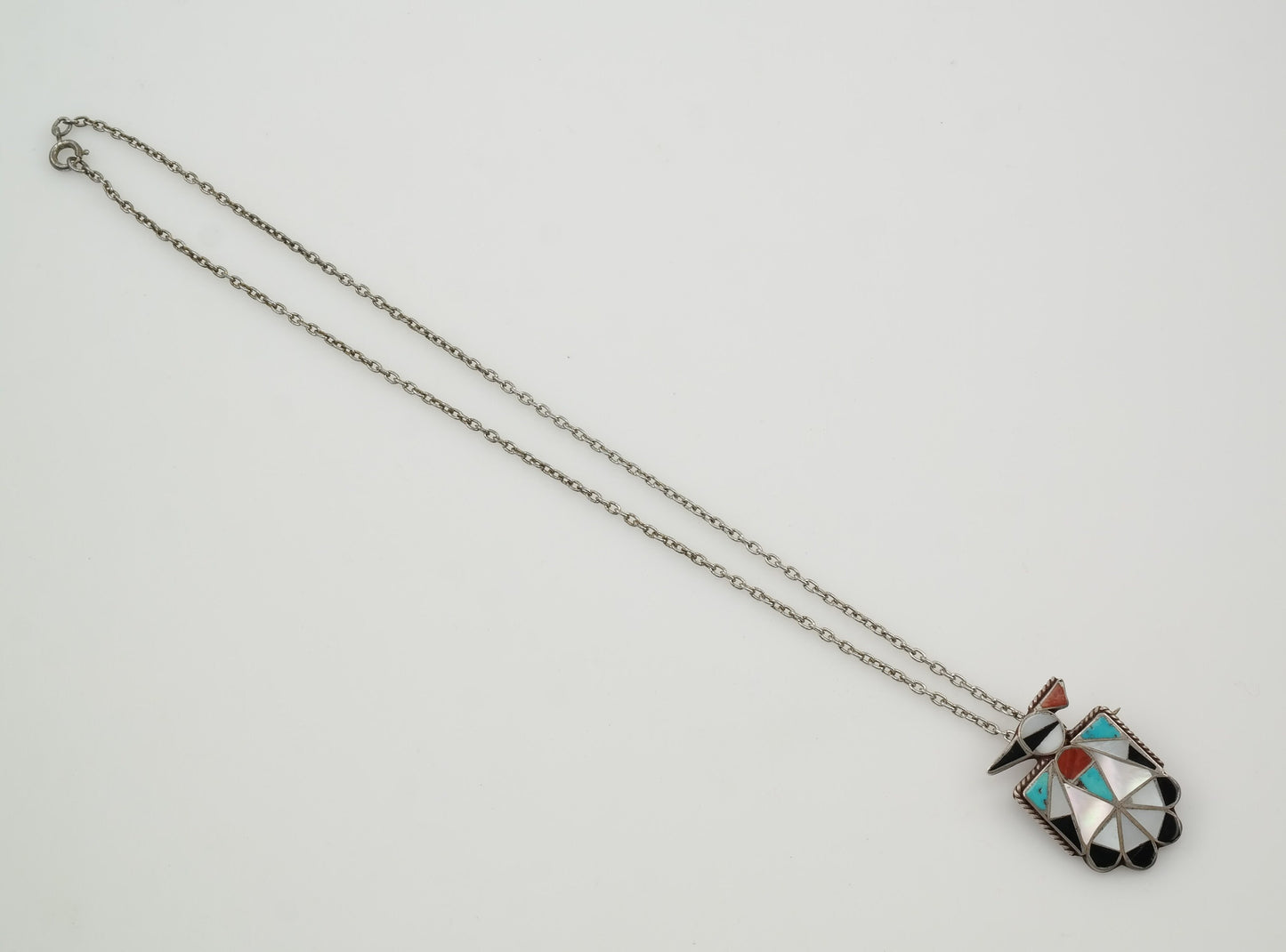 Native American Sterling Silver Turquoise Thunderbird Inlay Necklace