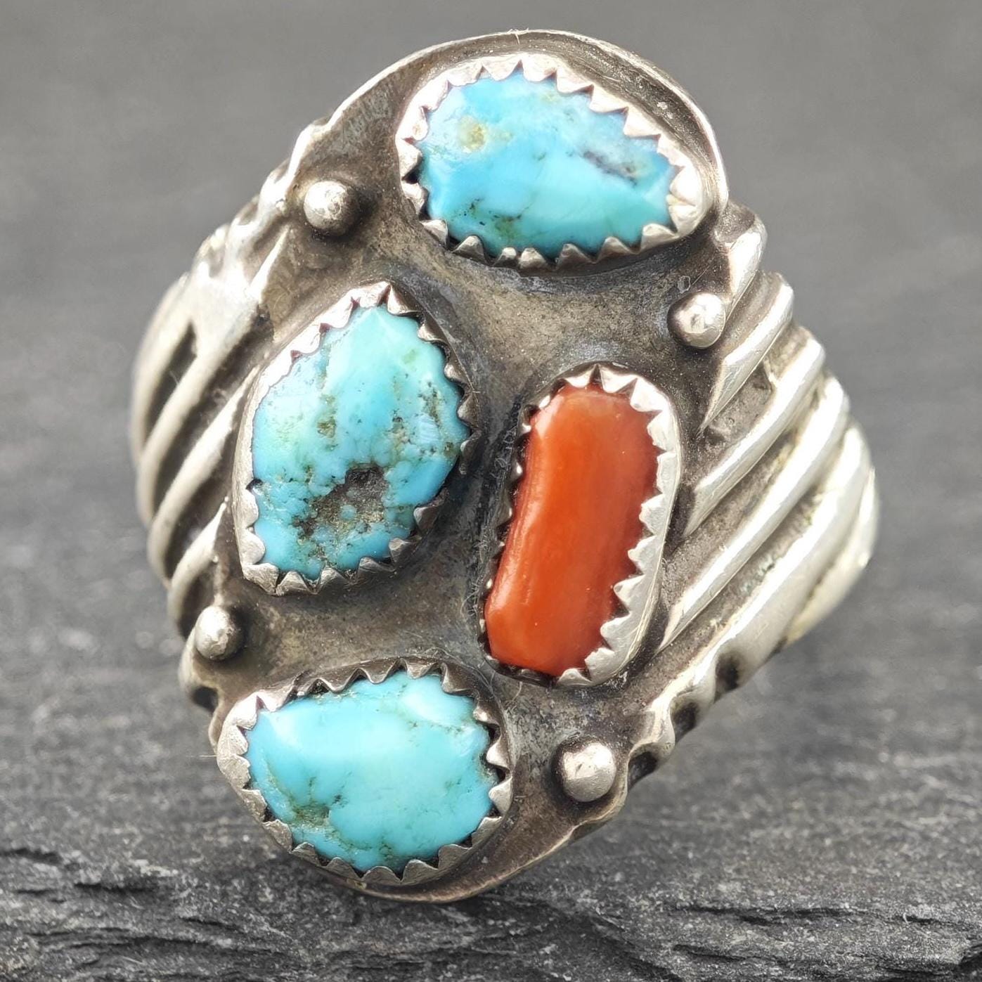 Native American, Coral, Turquoise Ring Sterling Silver