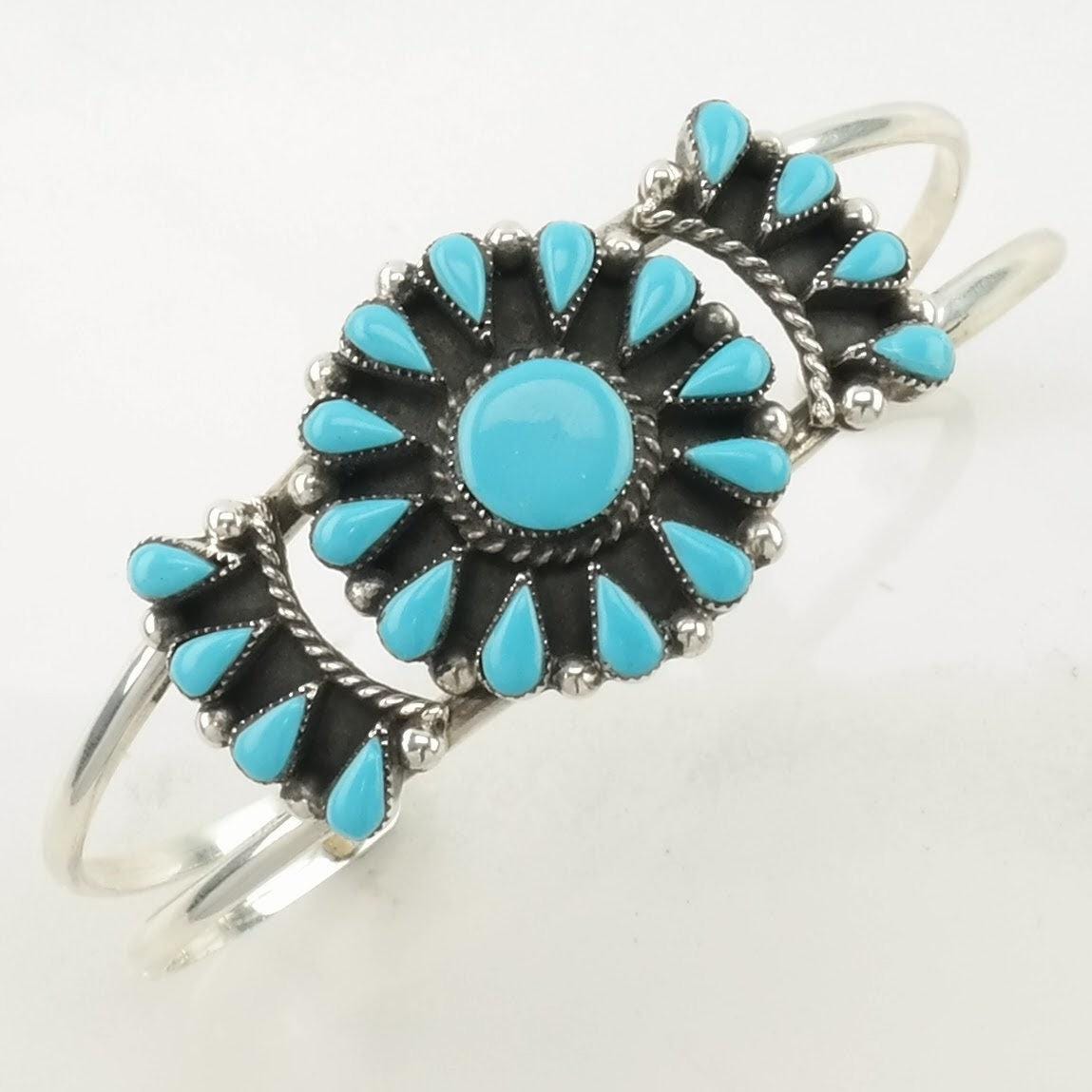 Vintage Southwest Sterling Silver Cuff Bracelet Blue Block Turquoise, Cluster Floral