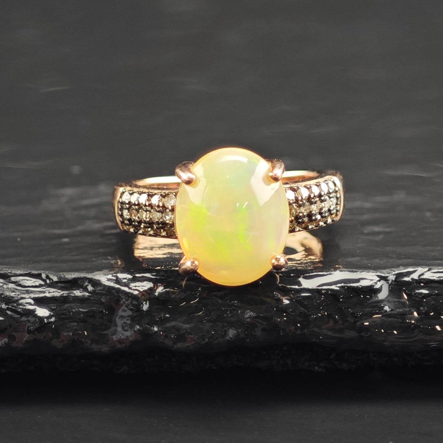 Natural Opal Brown Diamond Rose Gold Sterling Silver Ring Sz 5 R6575