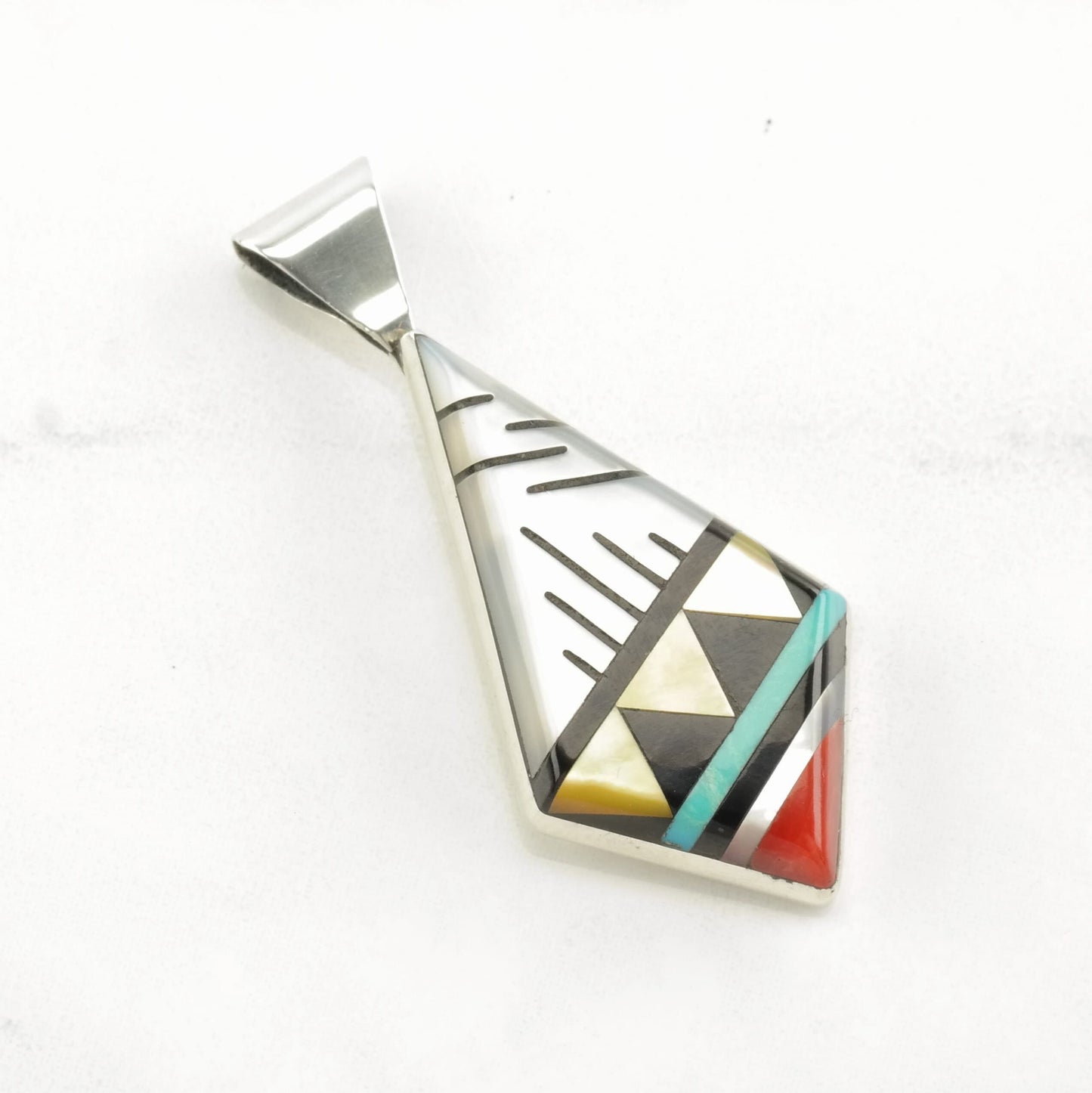 Zuni Multi Stone Inlay, Geometric Sterling Silver Pendant