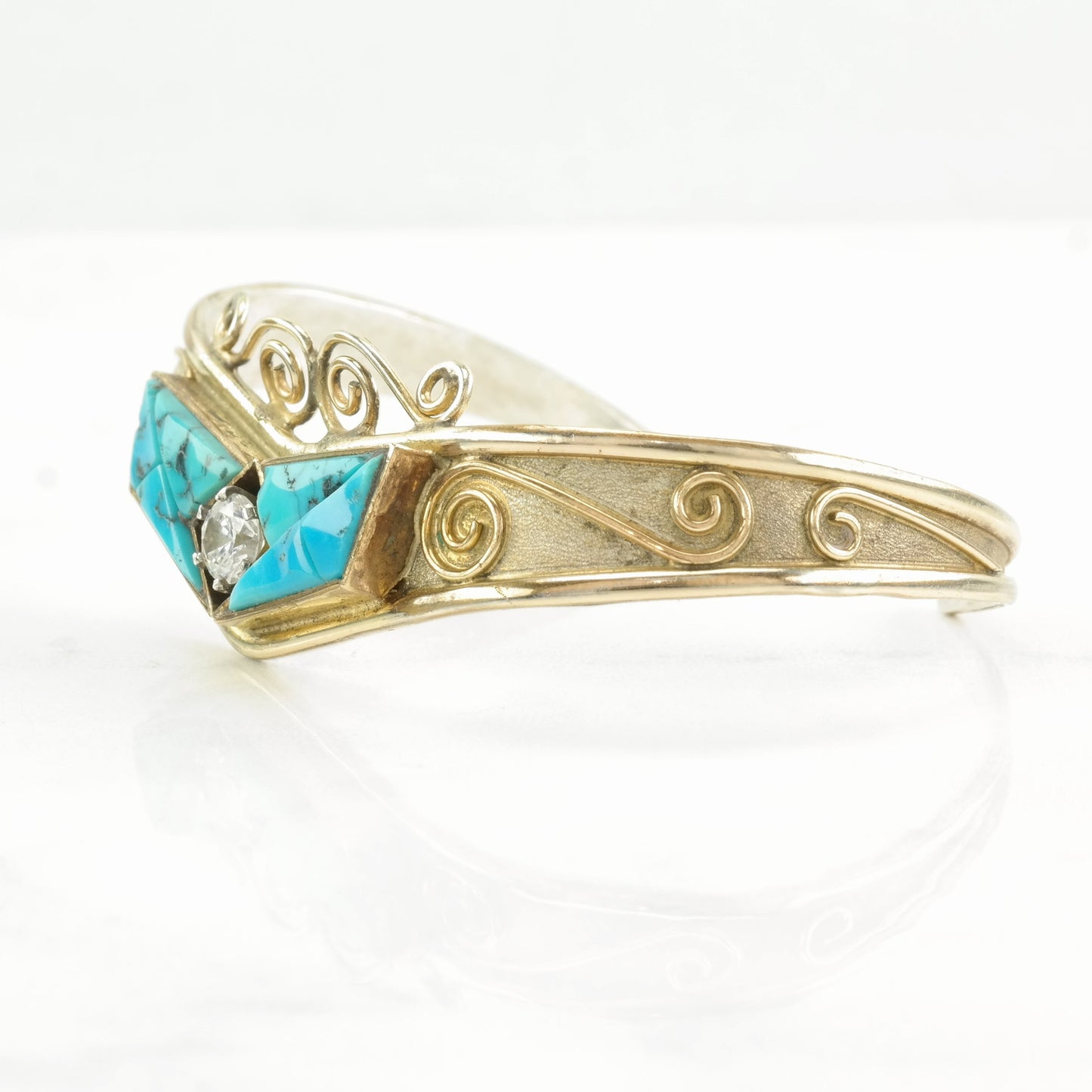 Native American Sterling Silver Cuff Bracelet Blue Turquoise, White Gemstone 12K Gold Filled