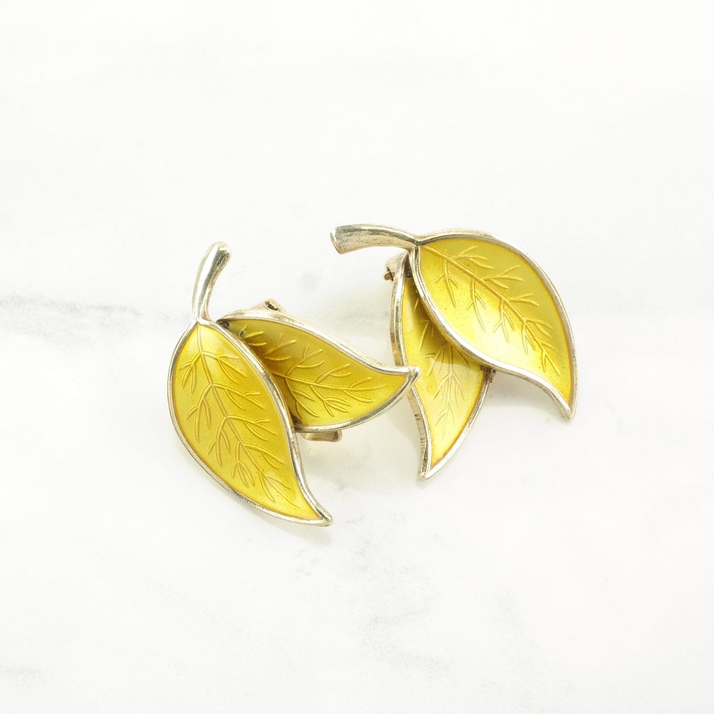 Danish Sterling Silver Yellow Enamel Leaf Earrings Clip On