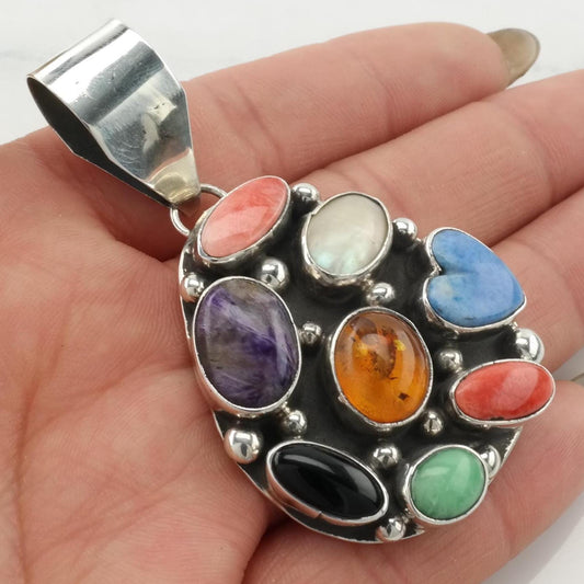 Vintage Silver Pendant Amber, Pearl, Onyx Multi Gem, Teardrop Sterling