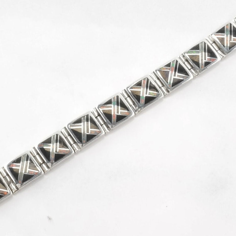 Lab Opal Inlay Sterling Silver Bracelet Onyx Southwest BR2555
