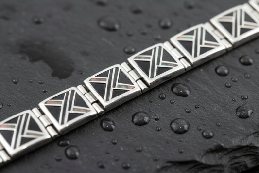 Lab Opal Inlay Sterling Silver Bracelet Onyx Southwest BR2555