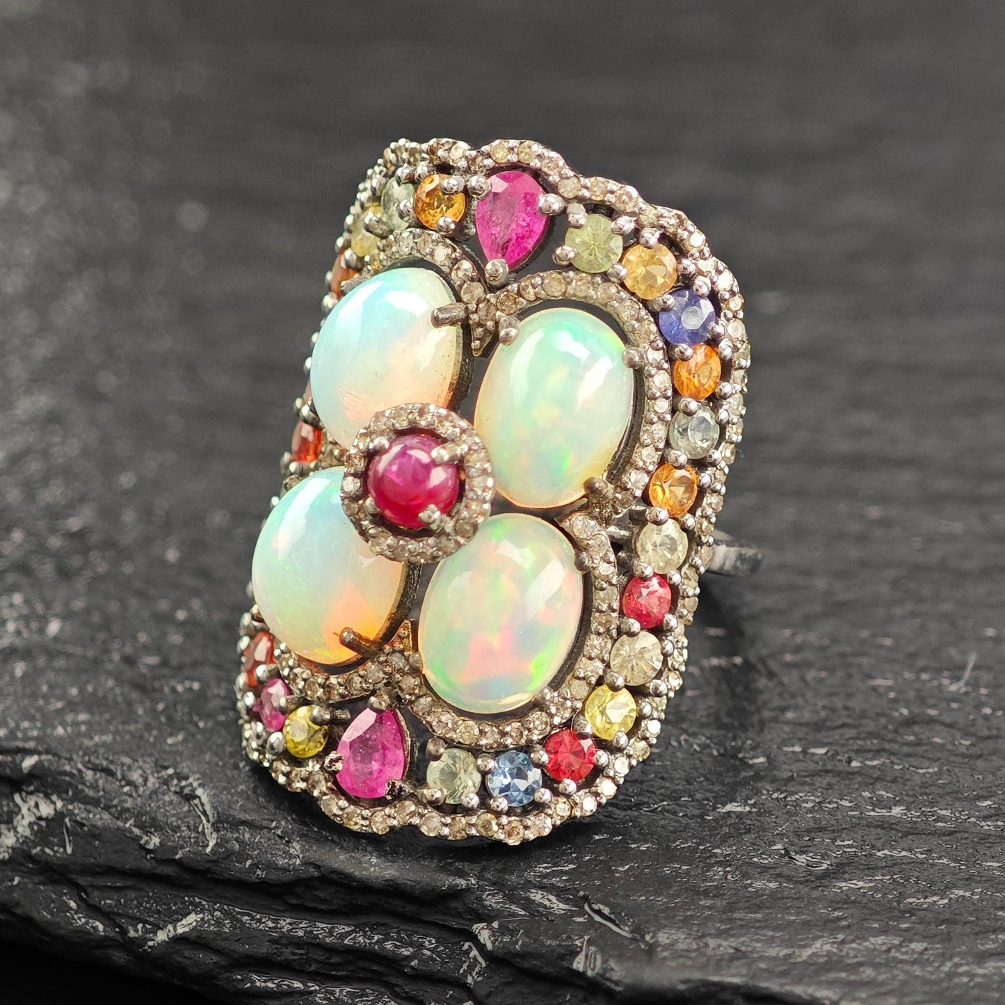 Oxidized Sterling Silver Ring with Ruby, Opal, Diamond, Sapphires