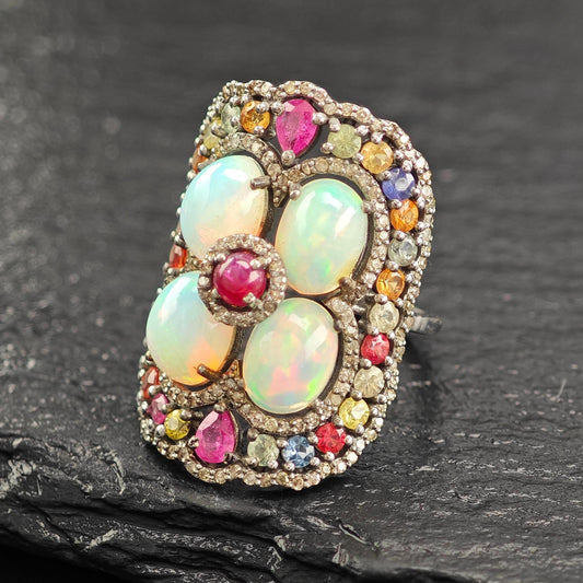 Oxidized Sterling Silver Ring with Ruby, Opal, Diamond, Sapphires