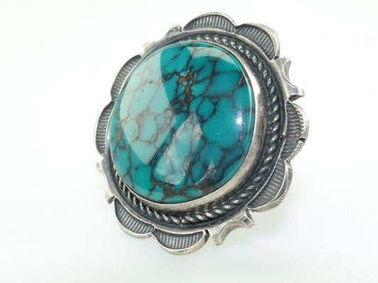 Native American Silver Ring Turquoise, Spiderweb Shield Sterling Size 8