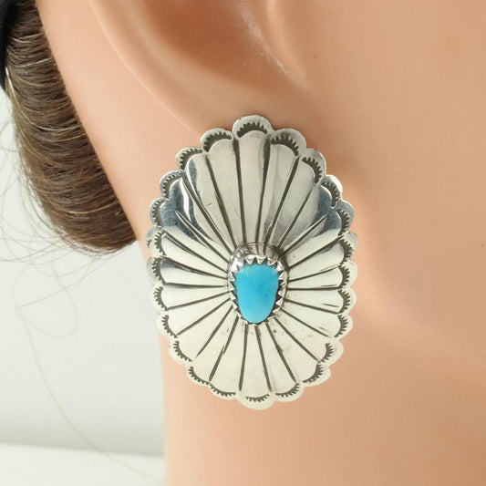 Vintage Large Native American Turquoise, Concho Floral, Stamped, Sterling Silver Pierced Earrings