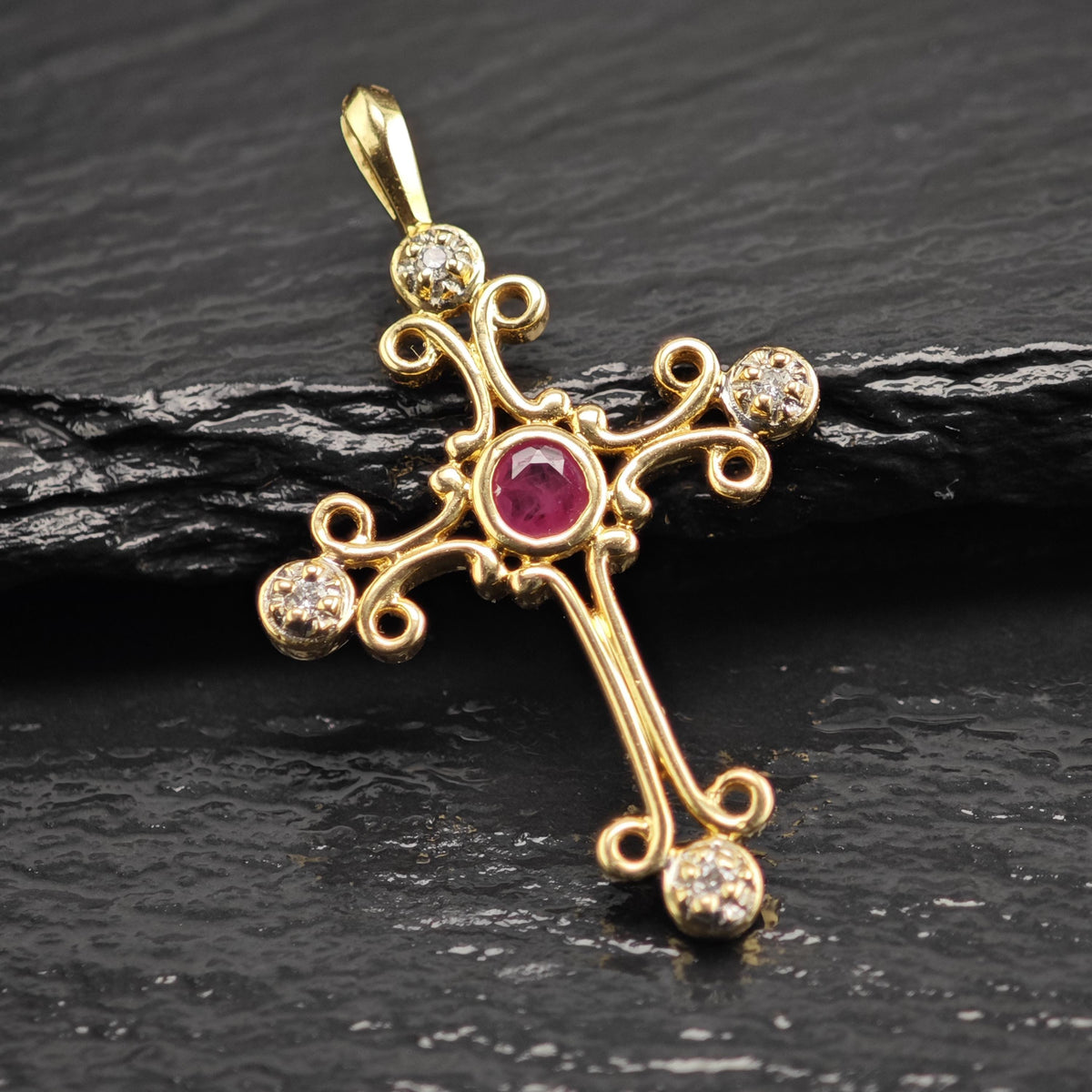 Natural Ruby Diamonds 14K Gold Cross Pendant P3103