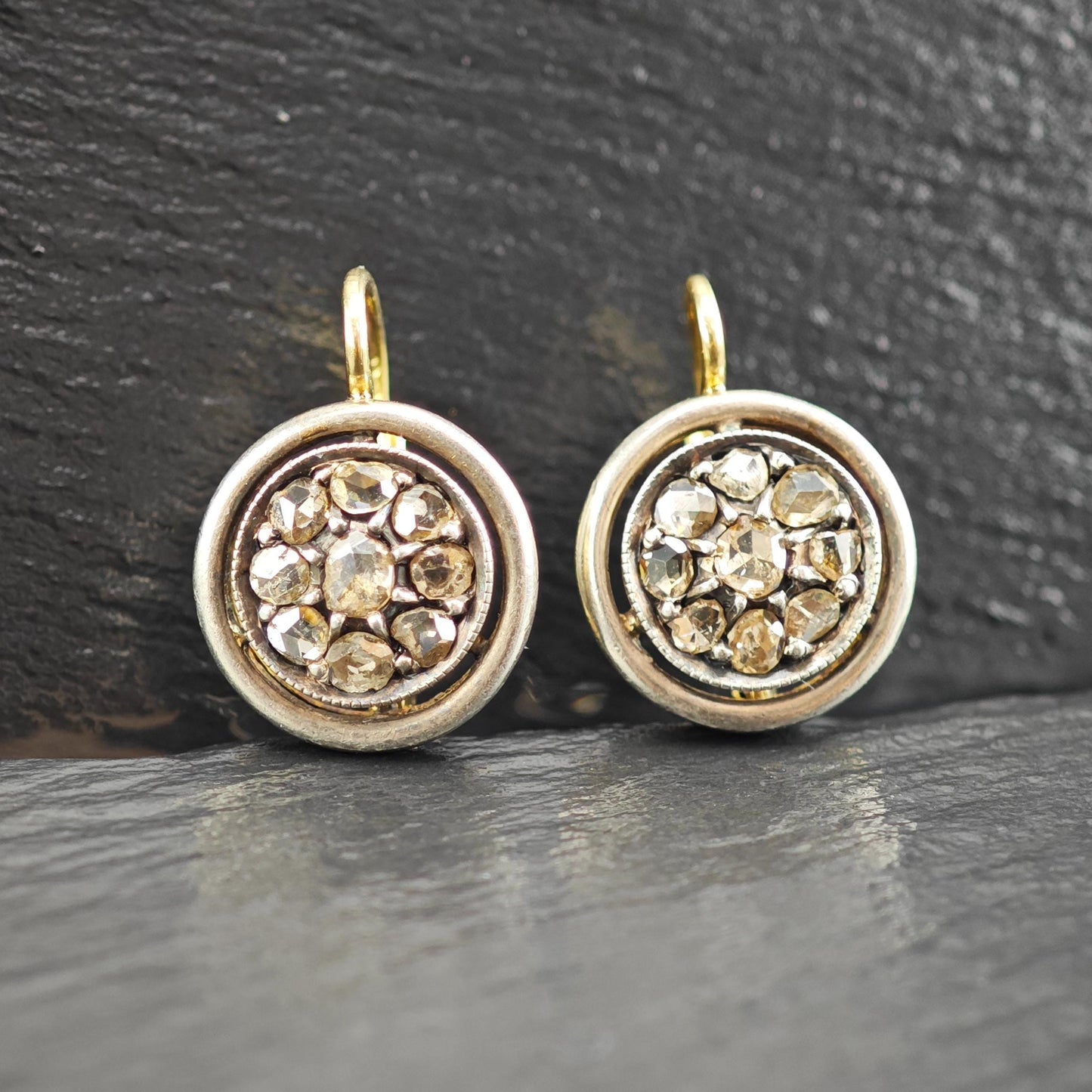 Antique Gold Rose Cut Diamond Lever Back Earrings Silver Over Gold Georgian Elegance