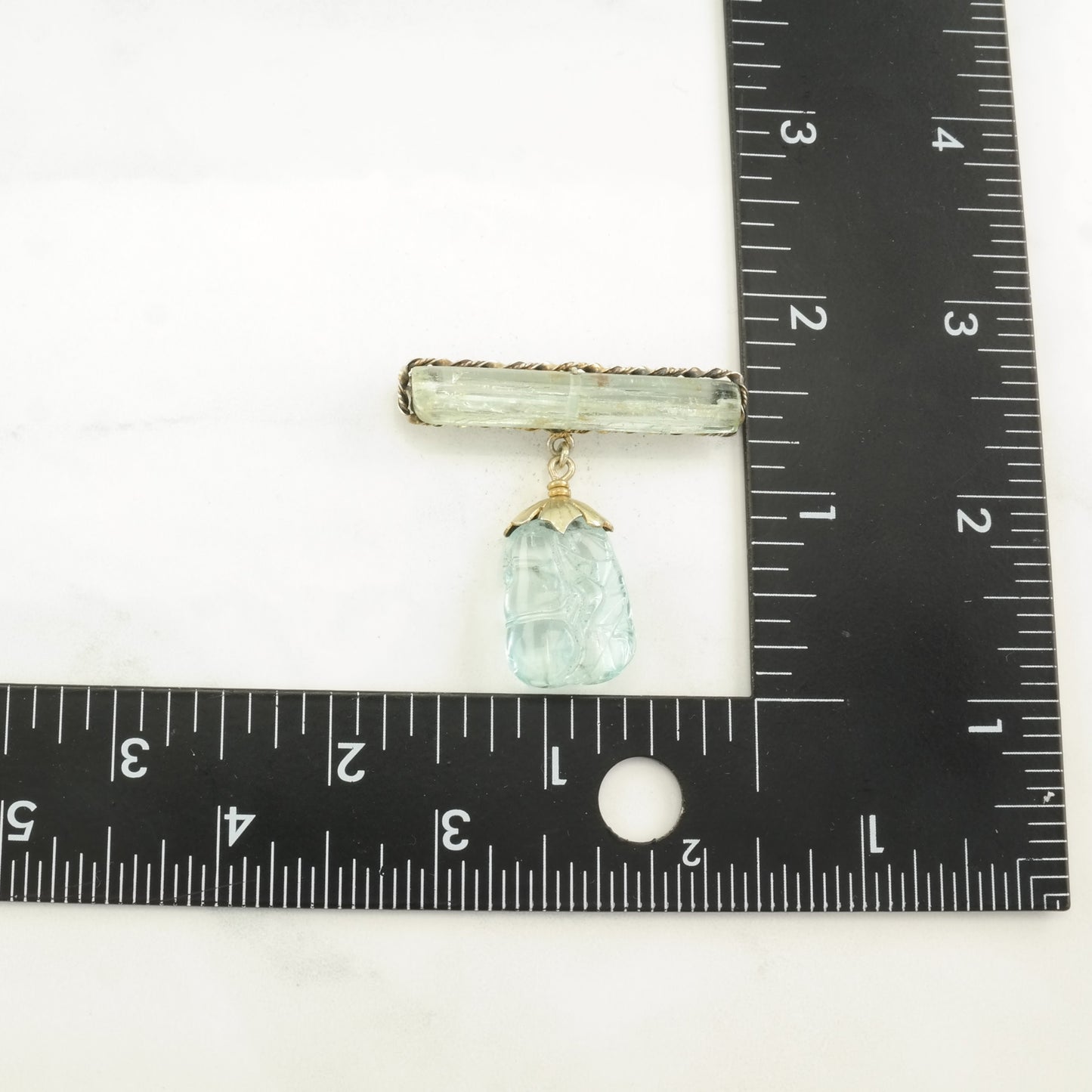 Chinese Export Sterling Silver Brooch Gold Hue Carved, Aquamarine