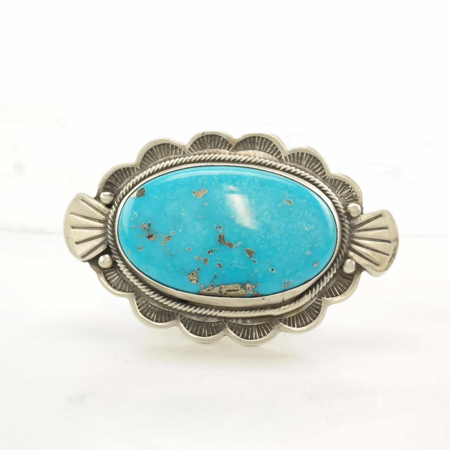 Native American Silver Ring Huge Turquoise Scallop Edge Sterling Size 6