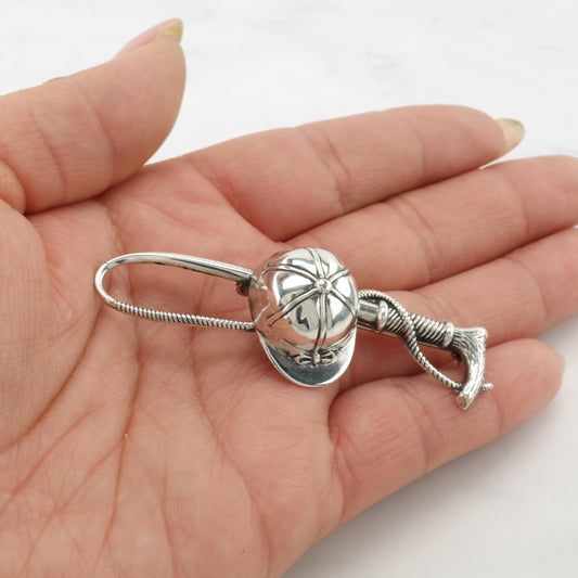 Equestrian Sterling Silver Brooch Jockey Hat Whip