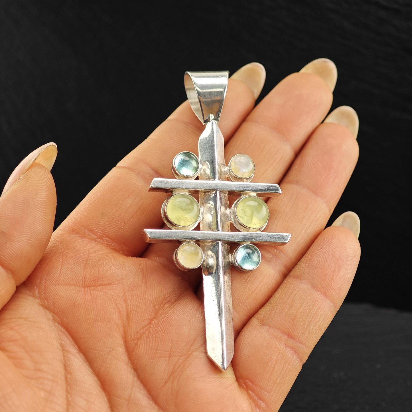 Vintage DTR Moonstone, Prehnite, Topaz Cross Pendant Sterling Silver