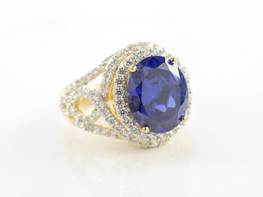 Sterling Silver Ring Blue CZ Gold Plated Size 7