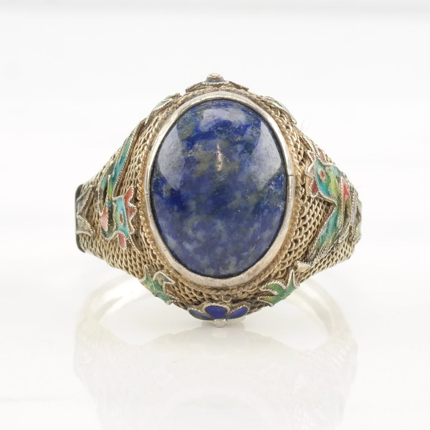 Antique Chinese Ring Lapis Lazuli Enamel, Chicken, Filigree Sterling Silver Size 9 - 9 1/2
