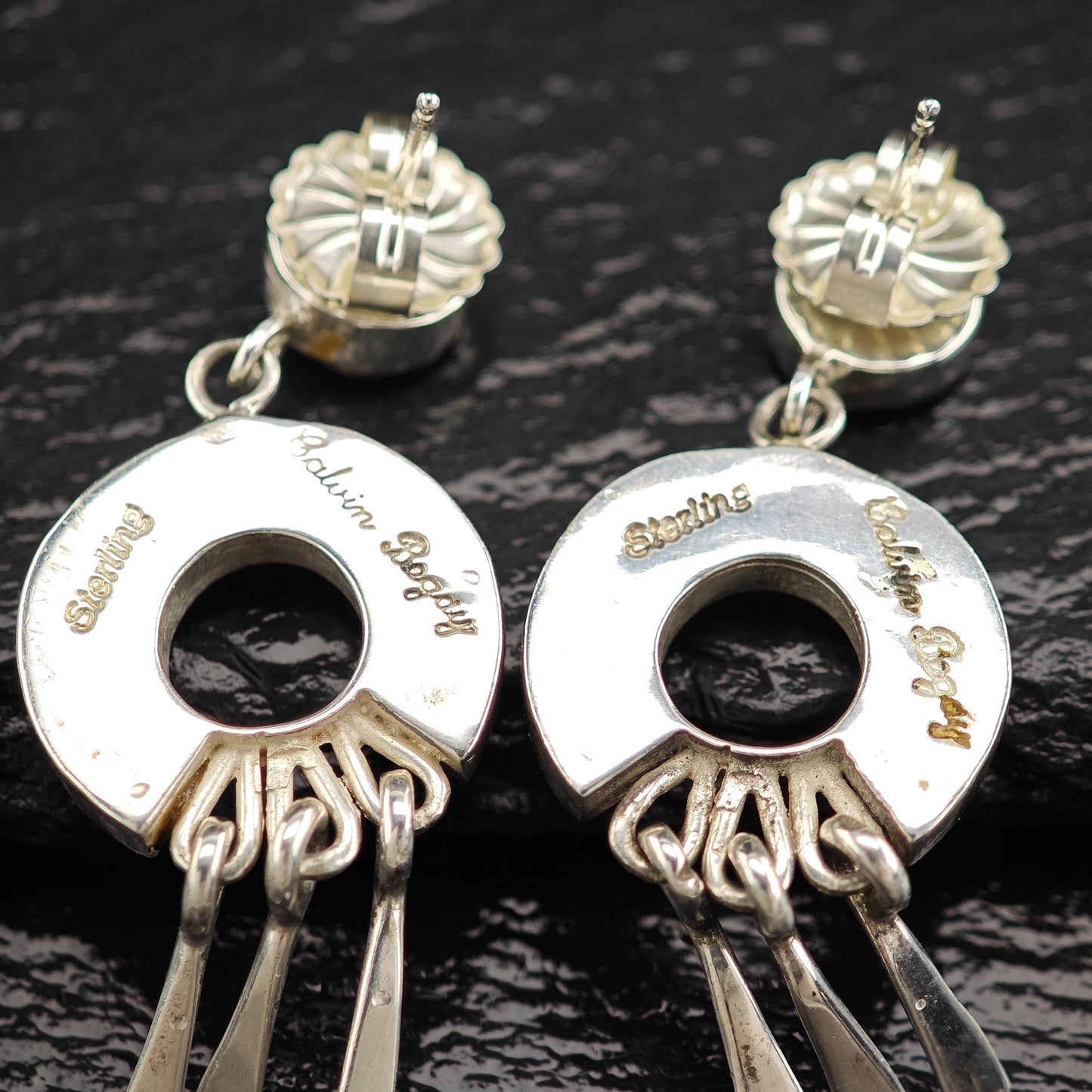 Native American Earrings with Calvin Begay Rainbow Lab Opal Inlay Sterling Silver