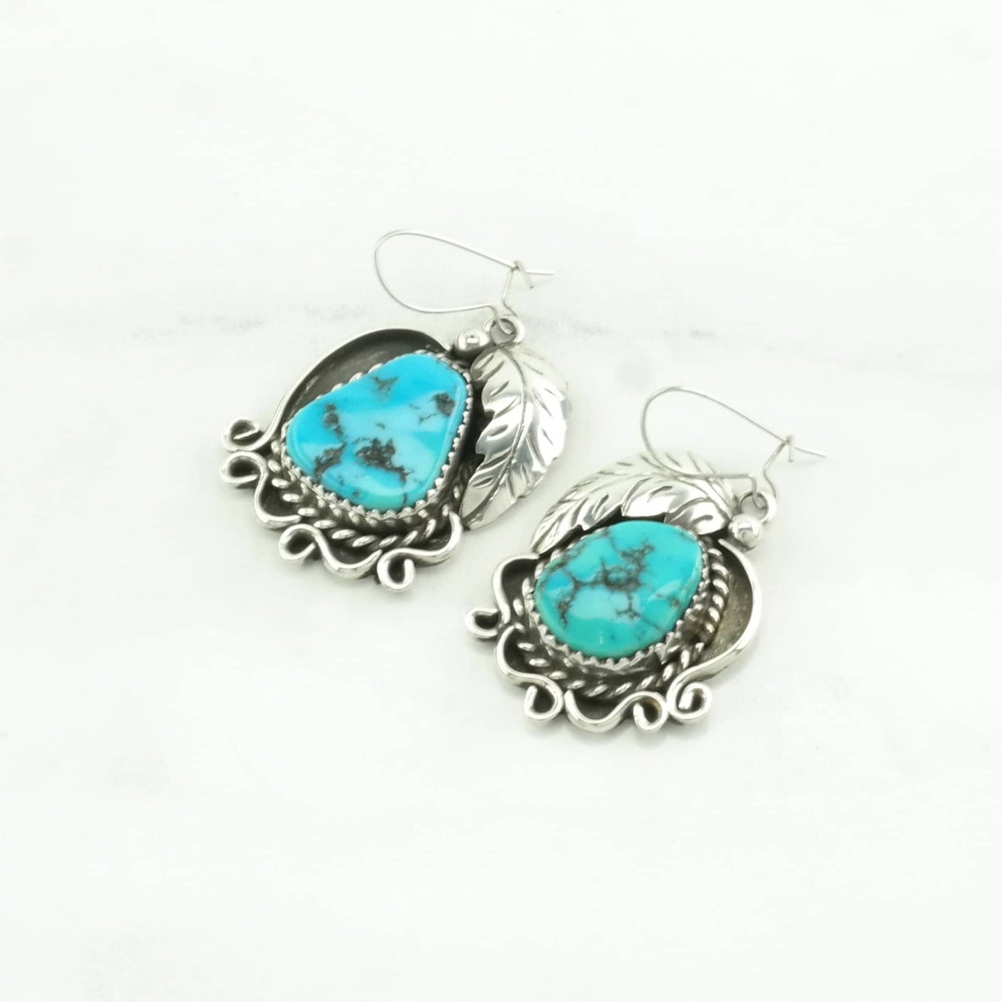 Vintage Sterling Silver Fish Hook/Dangle Earrings Native American Blue Turquoise Leaf