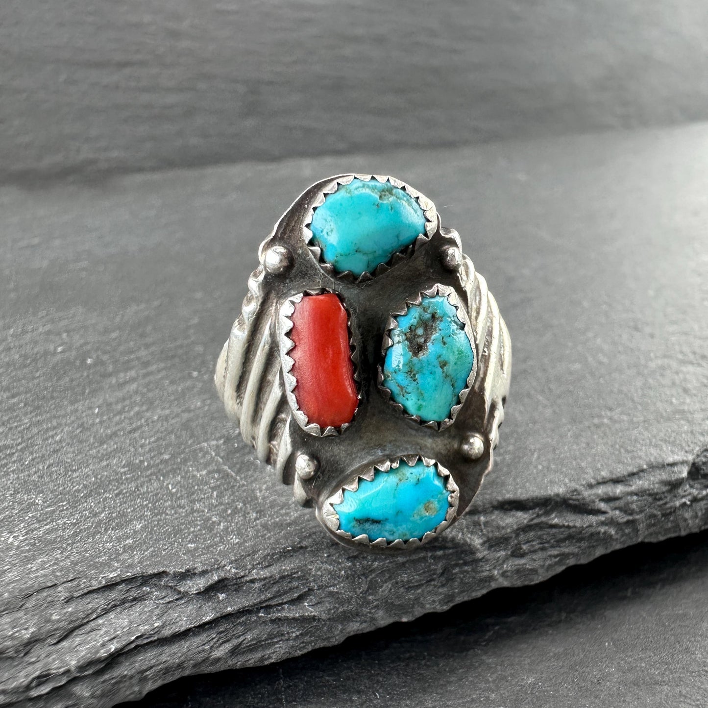 Native American, Coral, Turquoise Ring Sterling Silver