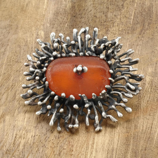 Vintage Brutalist Abstract Orange, Amber Sterling Silver Brooch Pendant