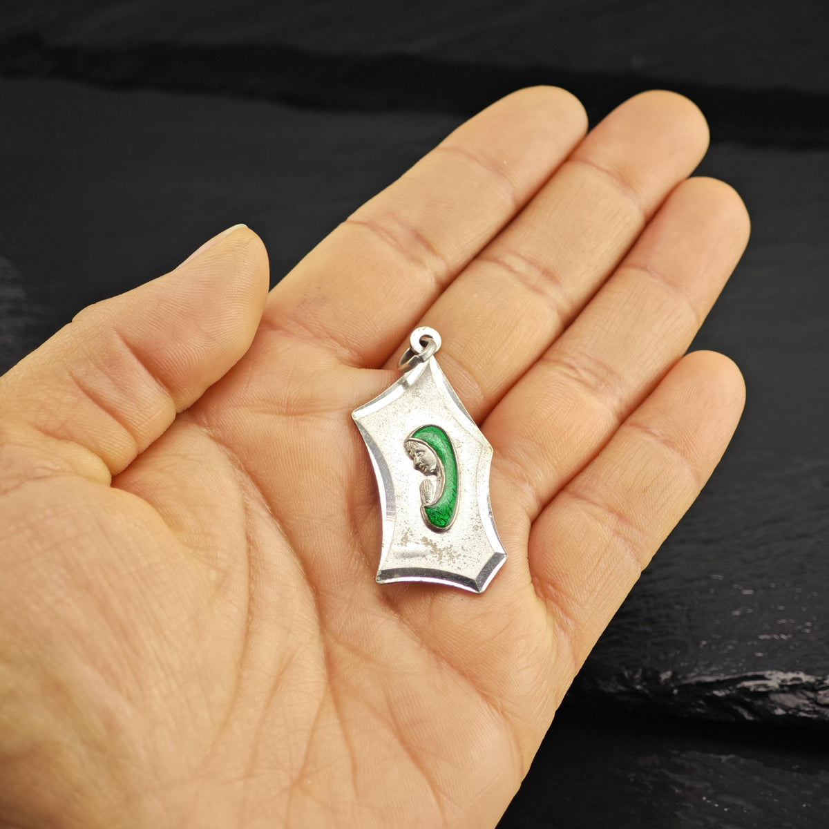Italian Virgin Mary Green Enamel 800Silver Pendant P3121