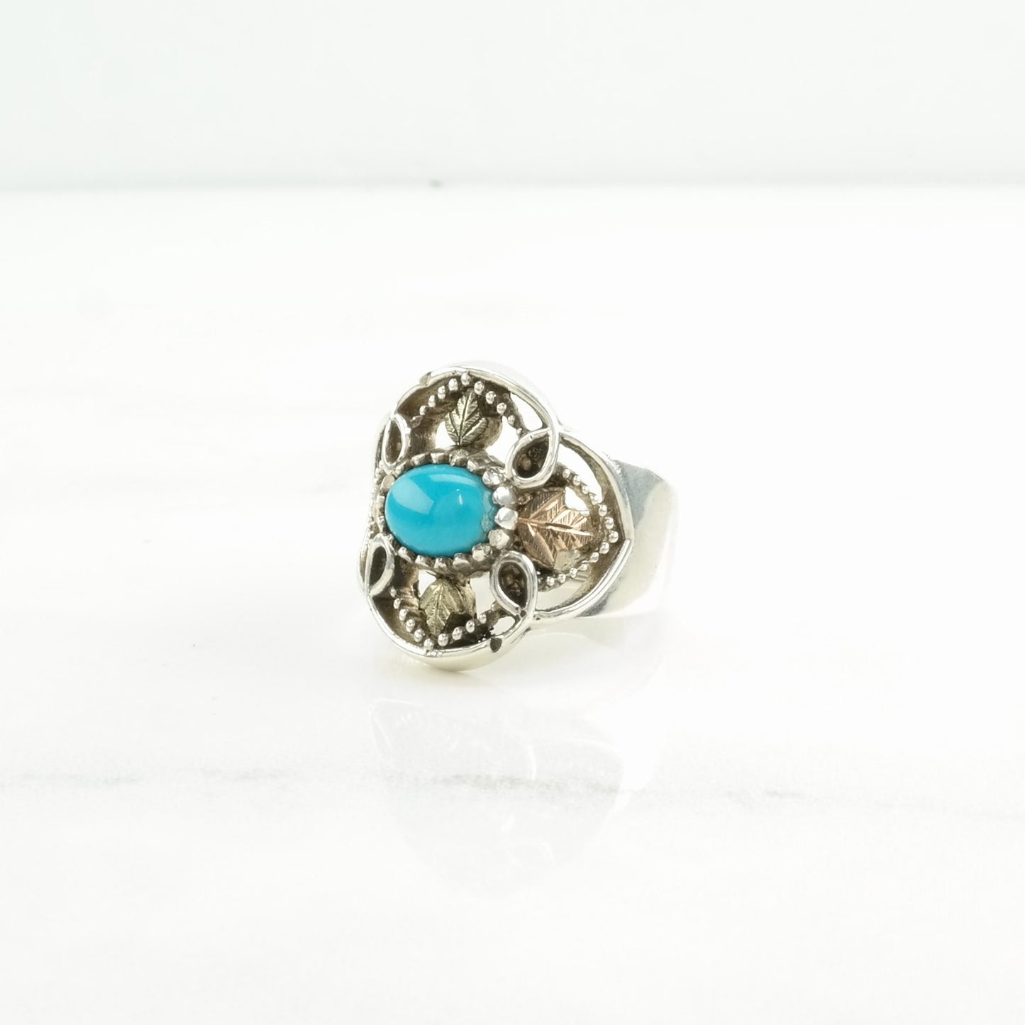 CCO Silver Ring Turquoise, 12K Gold Accents Leaf Sterling Blue Size 7 1/4