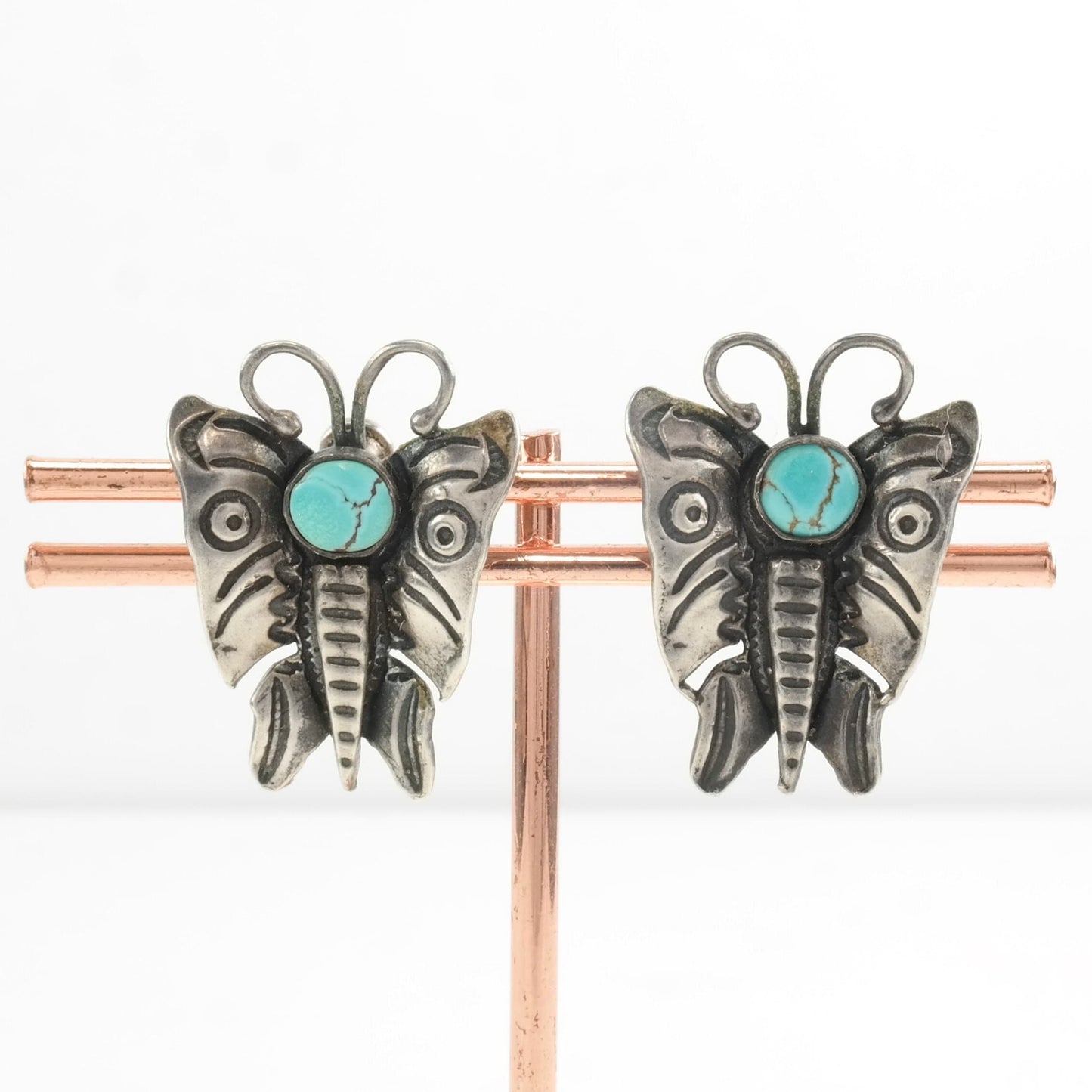 Native American Sterling Silver Blue Turquoise Butterfly Earrings Screwback