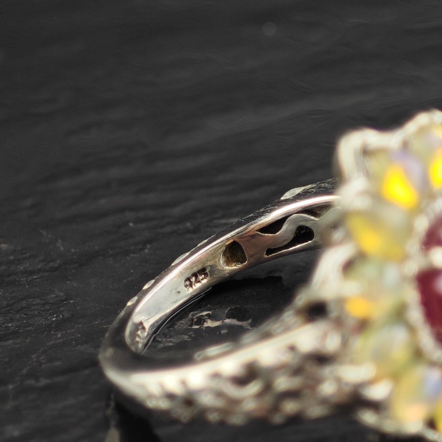 Opal LGF Ruby Flower Design Sterling Silver Ring Sz 5 1/4 R6563