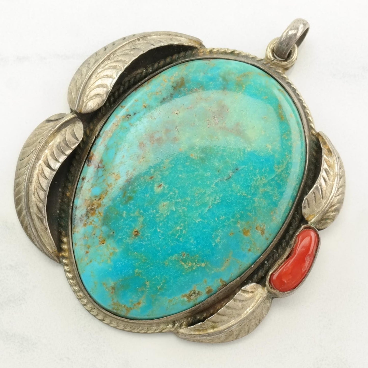 Sw Turquoise, Coral Feather Sterling Silver Pendant P2268