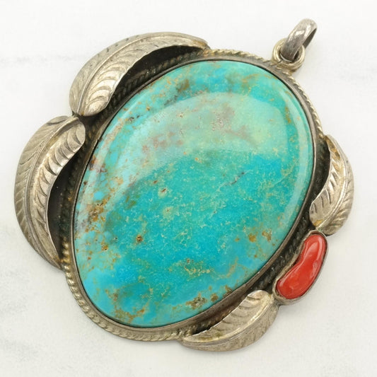 Vintage Southwest Turquoise, Coral Feather Sterling Silver Pendant