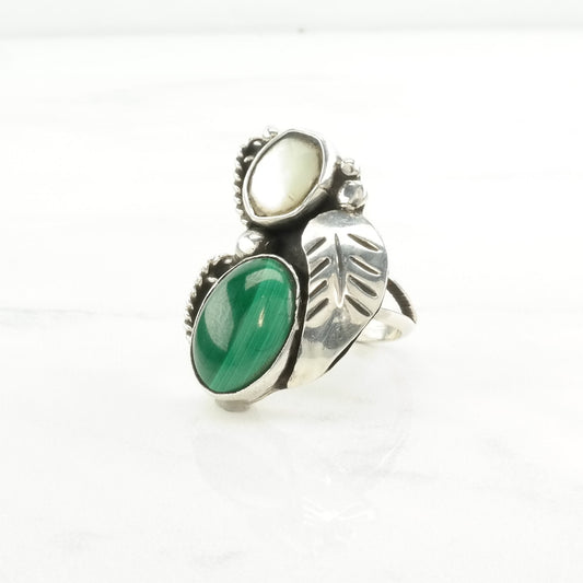 Southwest Silver Ring Malachite, MOP Leaf Sterling Green, White Size 5