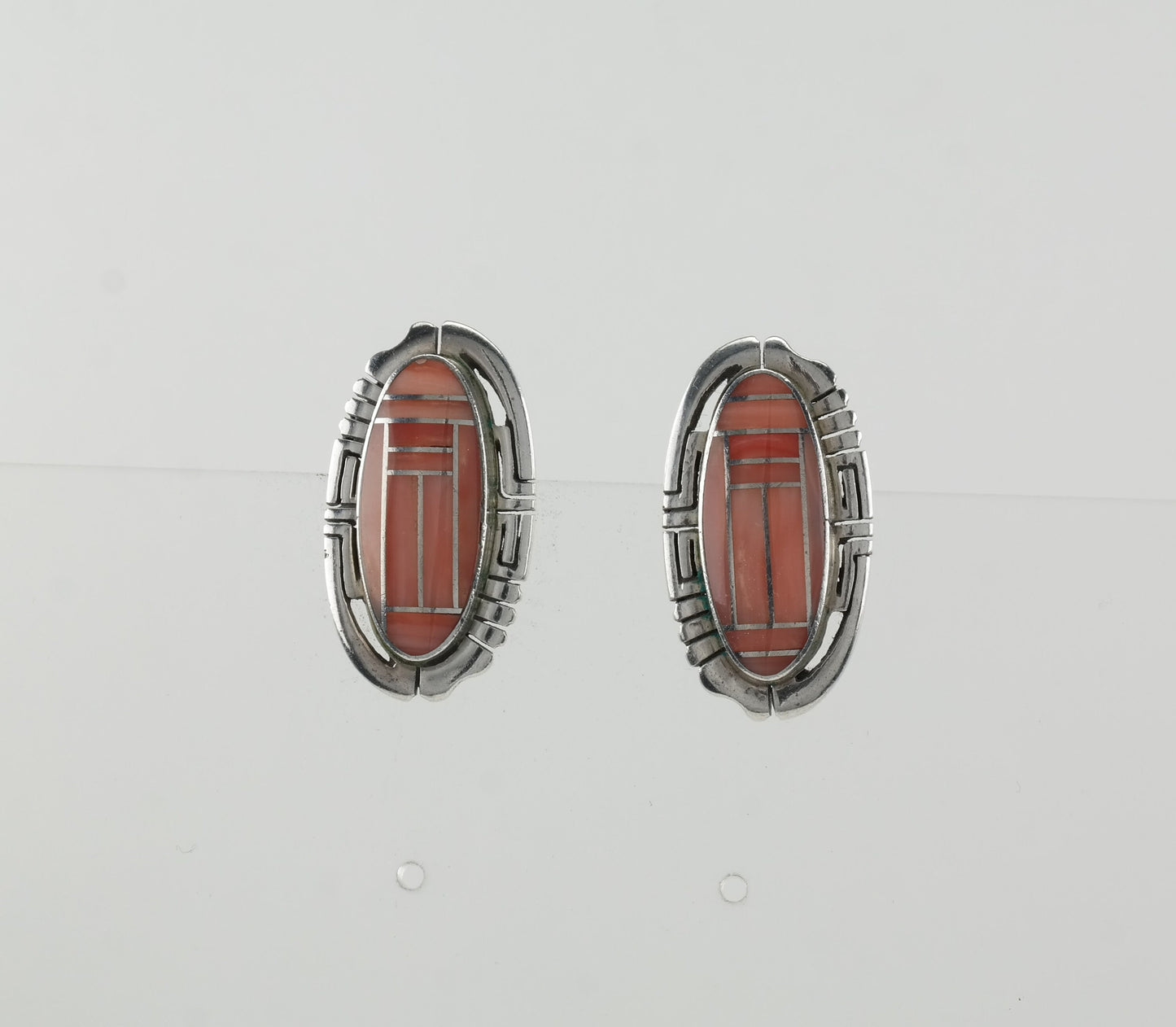 Native American Coral Inlay Shadowbox Sterling Silver Earrings Clip On