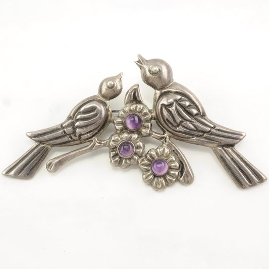 Vintage Taxco Sterling Silver Brooch Bird, Floral Purple Amethyst