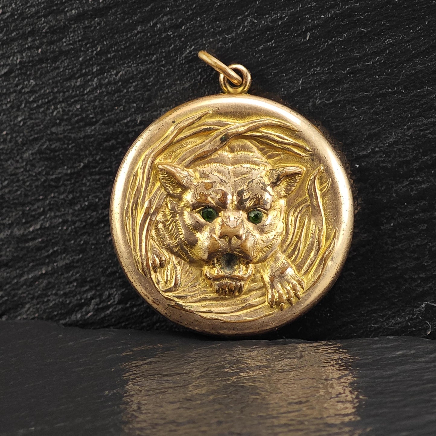 Antique Tiger Locket Gold Filled Pendant P3029