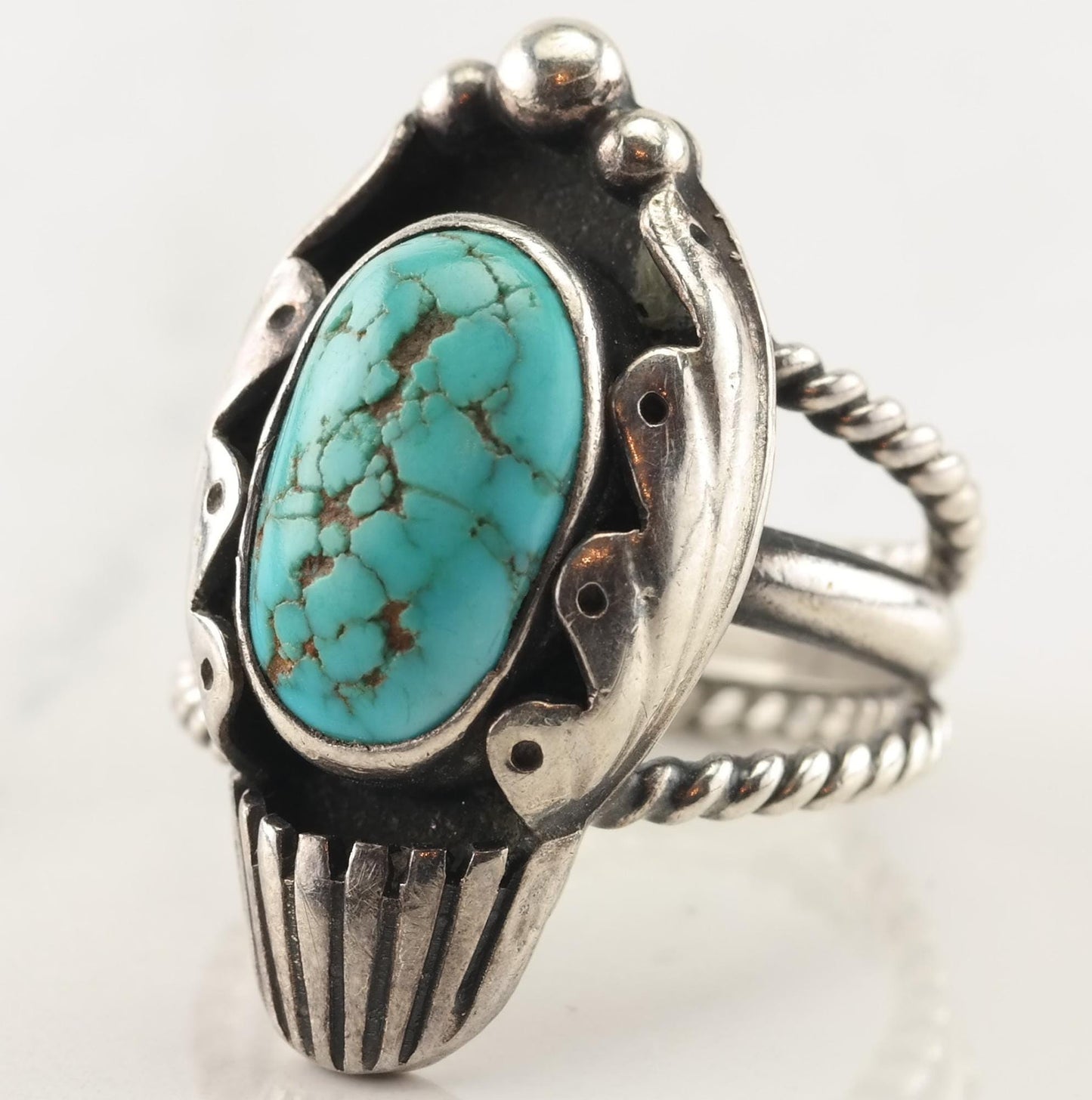 Native American Silver Ring Spiderweb Turquoise Shadowbox Sterling Size 7 1/2