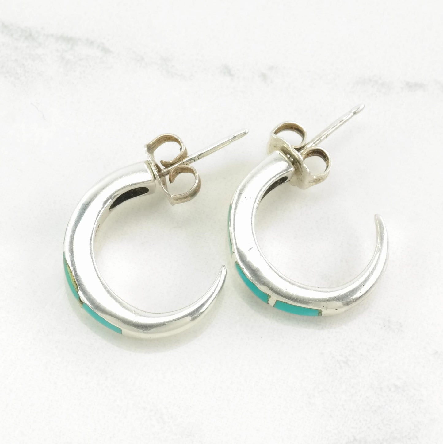 Southwest Sterling Silver Turquoise Inlay Earrings Hoop