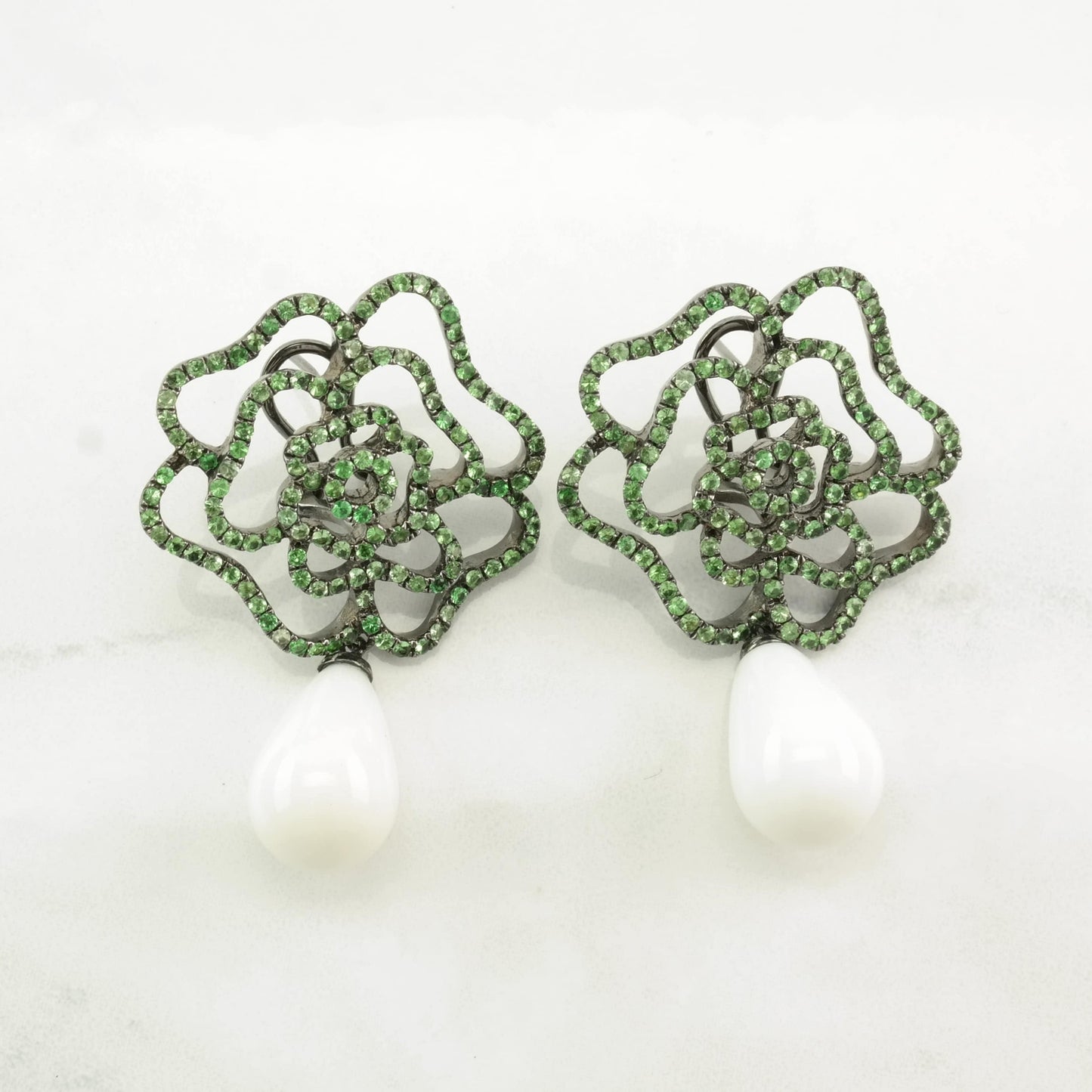 Designer Sterling Silver Flower, Green Tsavorite Oxidized Finish Earrings Omega