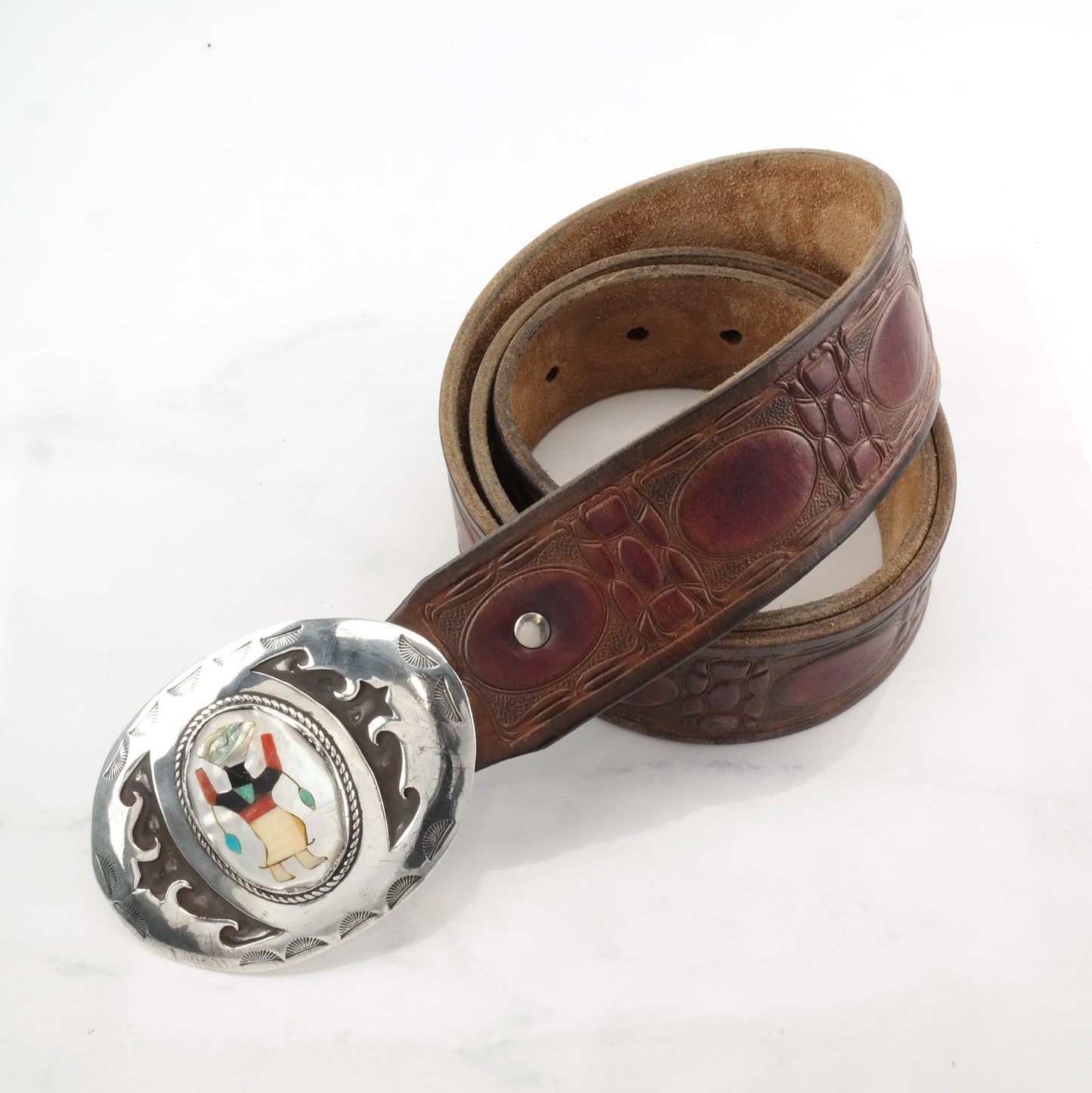 Signed Native American Leather Belt with MOP, Onyx, Inlay Dancing Figure Sterling Silver Buckle