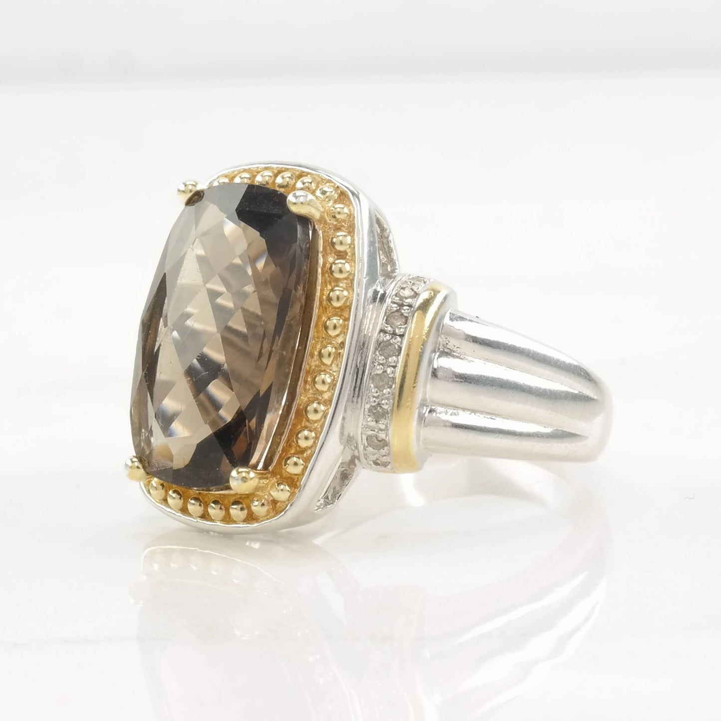 Vintage Designer Ring Smoky Quartz, Diamond Gold Tone Accent Sterling Silver Size 10