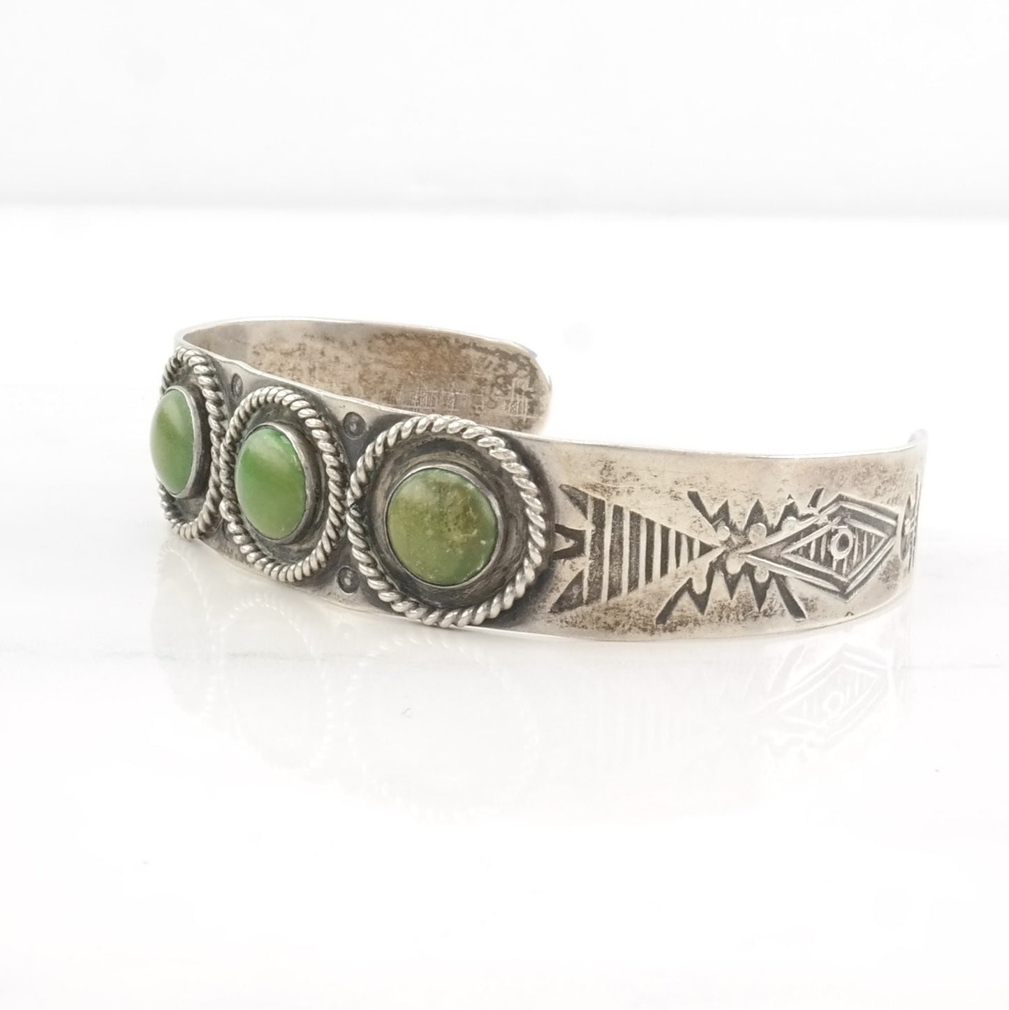 Fred Harvey Era Sterling Silver Cuff Bracelet Green Turquoise Stamped