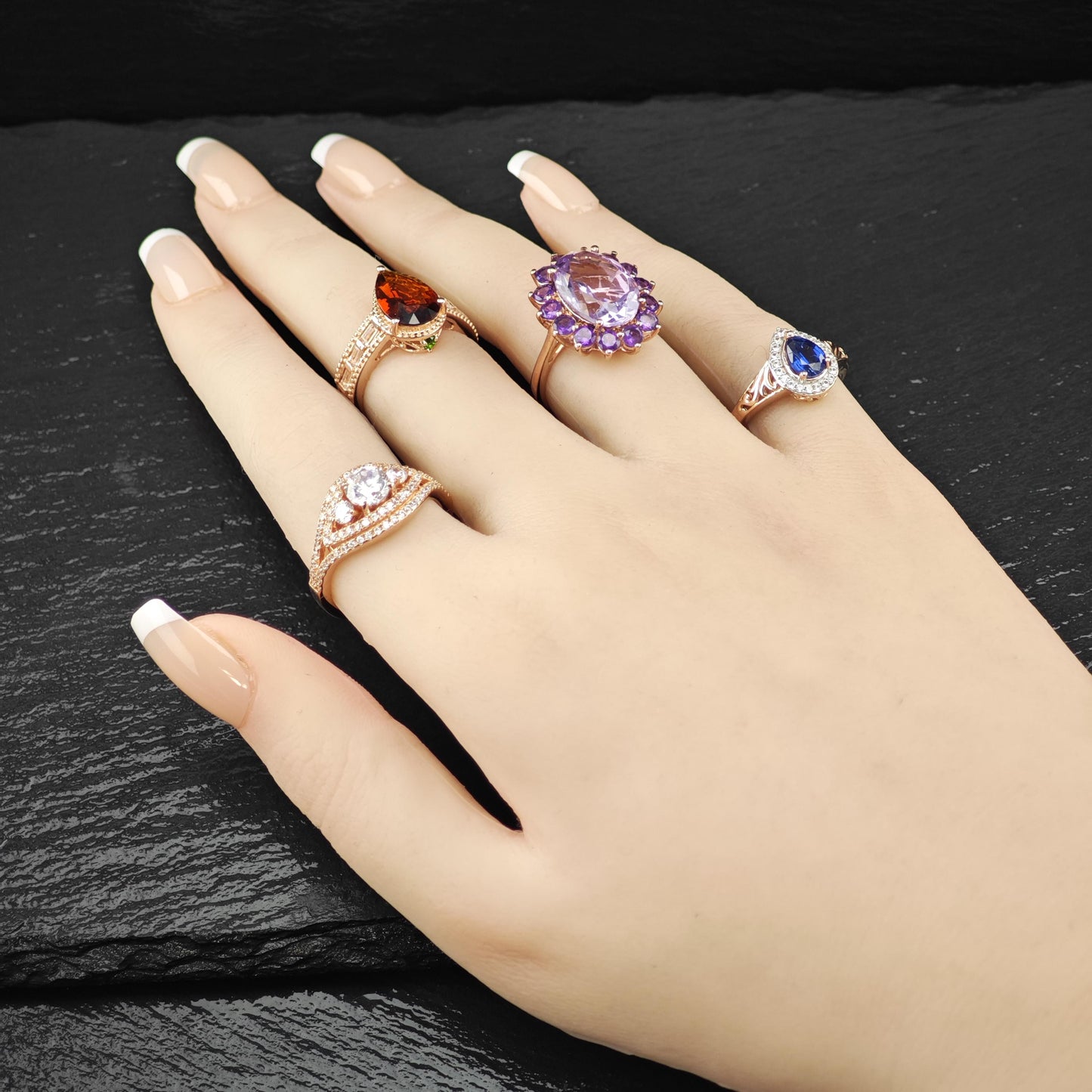 Natural Sapphire Teardrop 14K Rose Gold Plated Ring Sterling Silver Sz 5 R6167