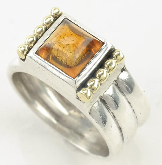 Vintage Modernist Silver Ring Orange Amber Sterling Size 8 1/4