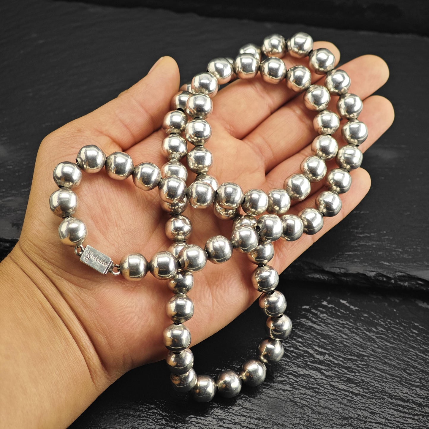 10mm Mexican Sterling Silver Beaded Necklace N2769