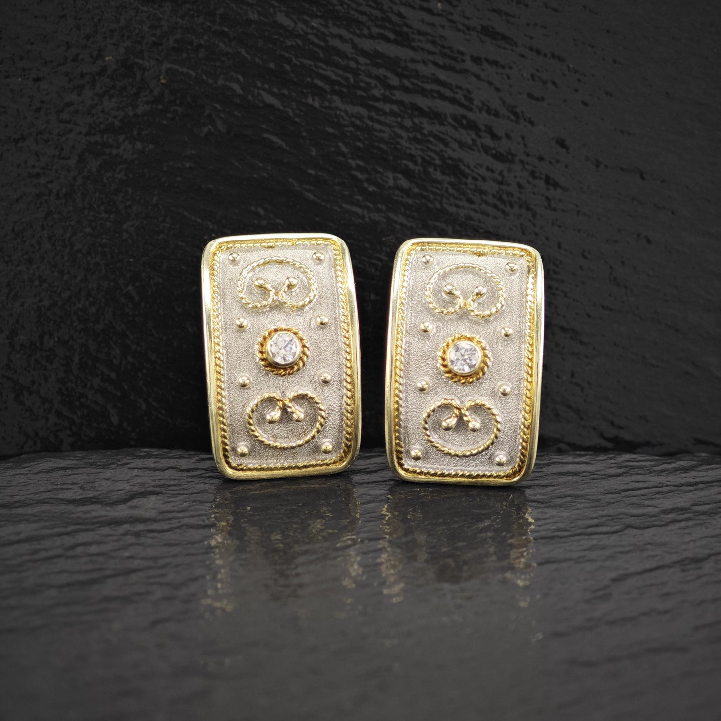 Vintage Greek Rectangular White, Gold CZ Stud Earrings Sterling Silver