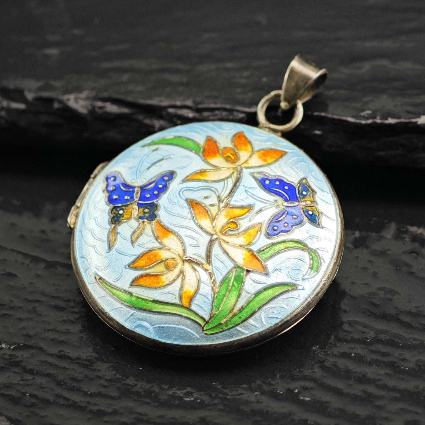 Enamel Floral Locket Pendant Sterling Silver P3045