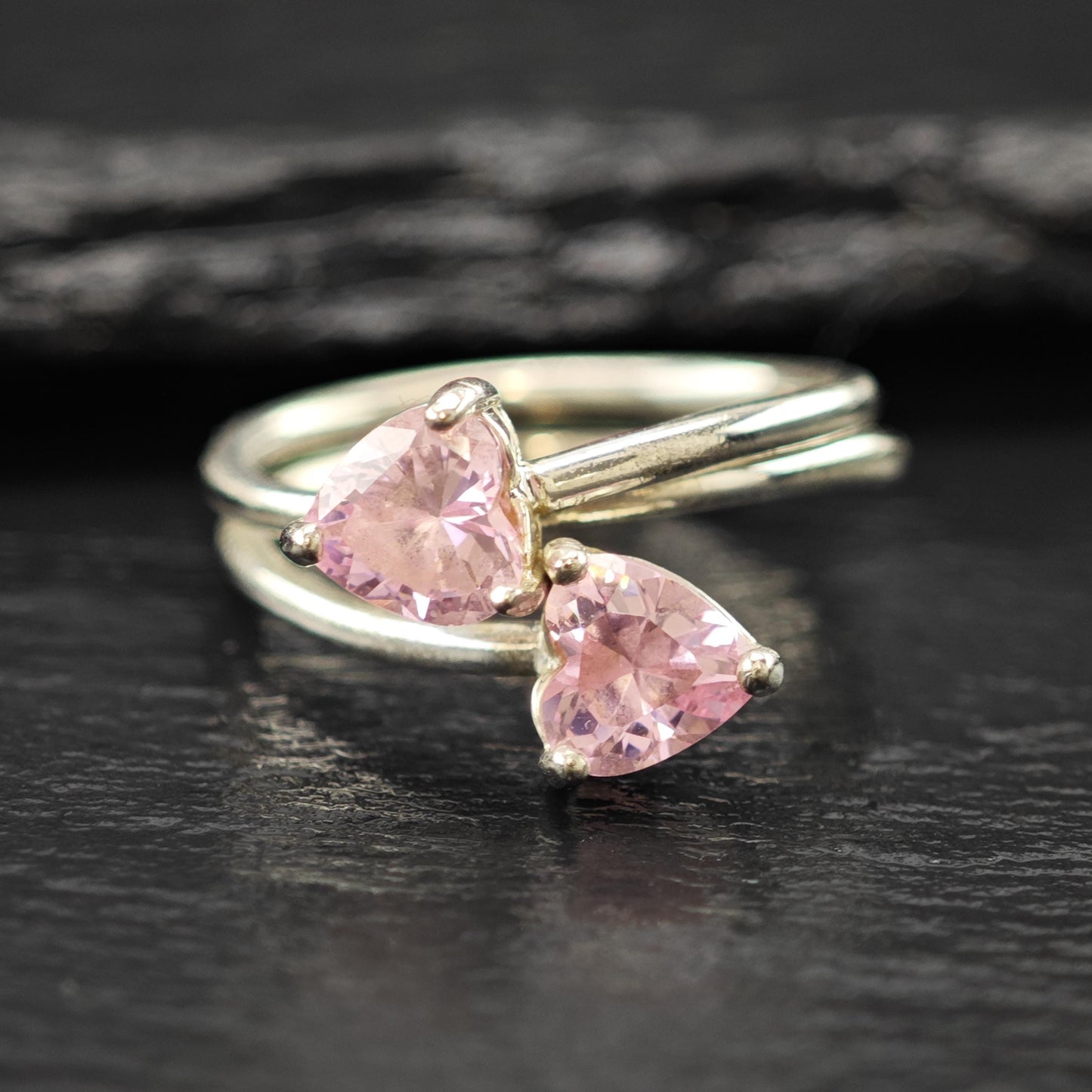 Sterling Silver Ring Double Pink Hearts Size 7 R6191